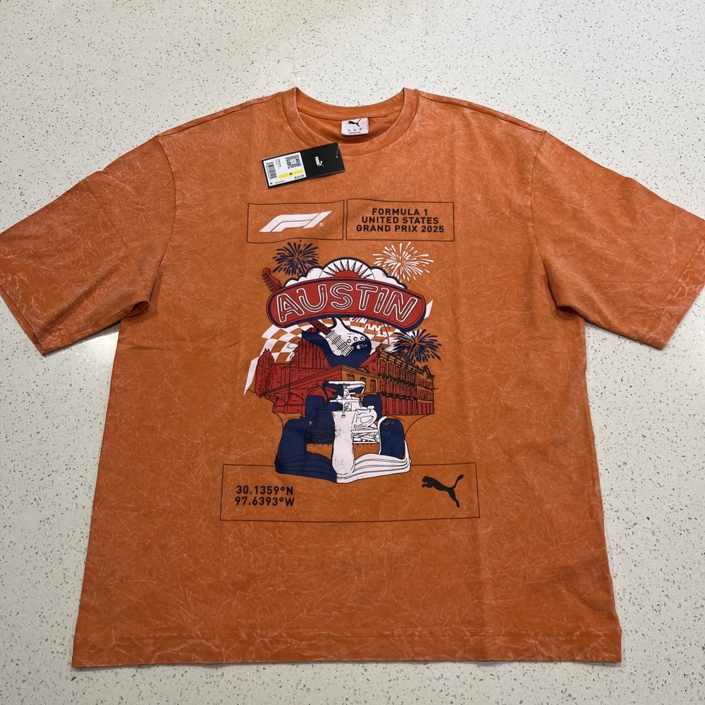 Men's Puma F1 Formula 1 United States Grand Prix Austin Graphic Tee M Orange NWT